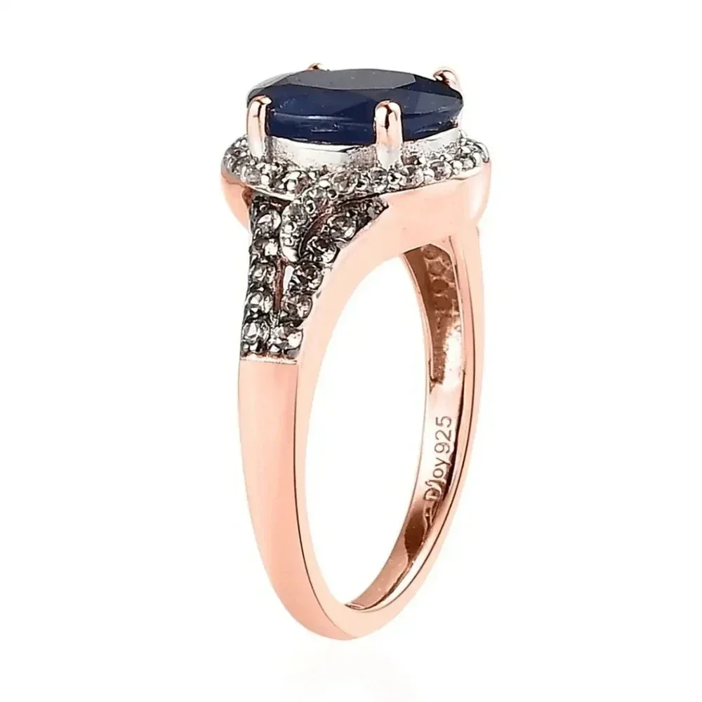 Natural Blue Sapphire & Natural White Zircon & Champagne Zircon Ring